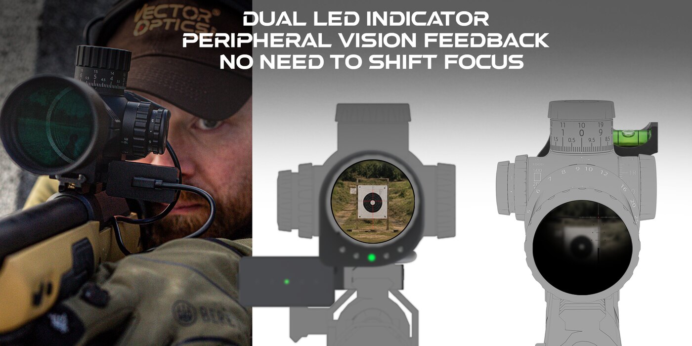 Dual LED indicators on the body and near the eyepiece