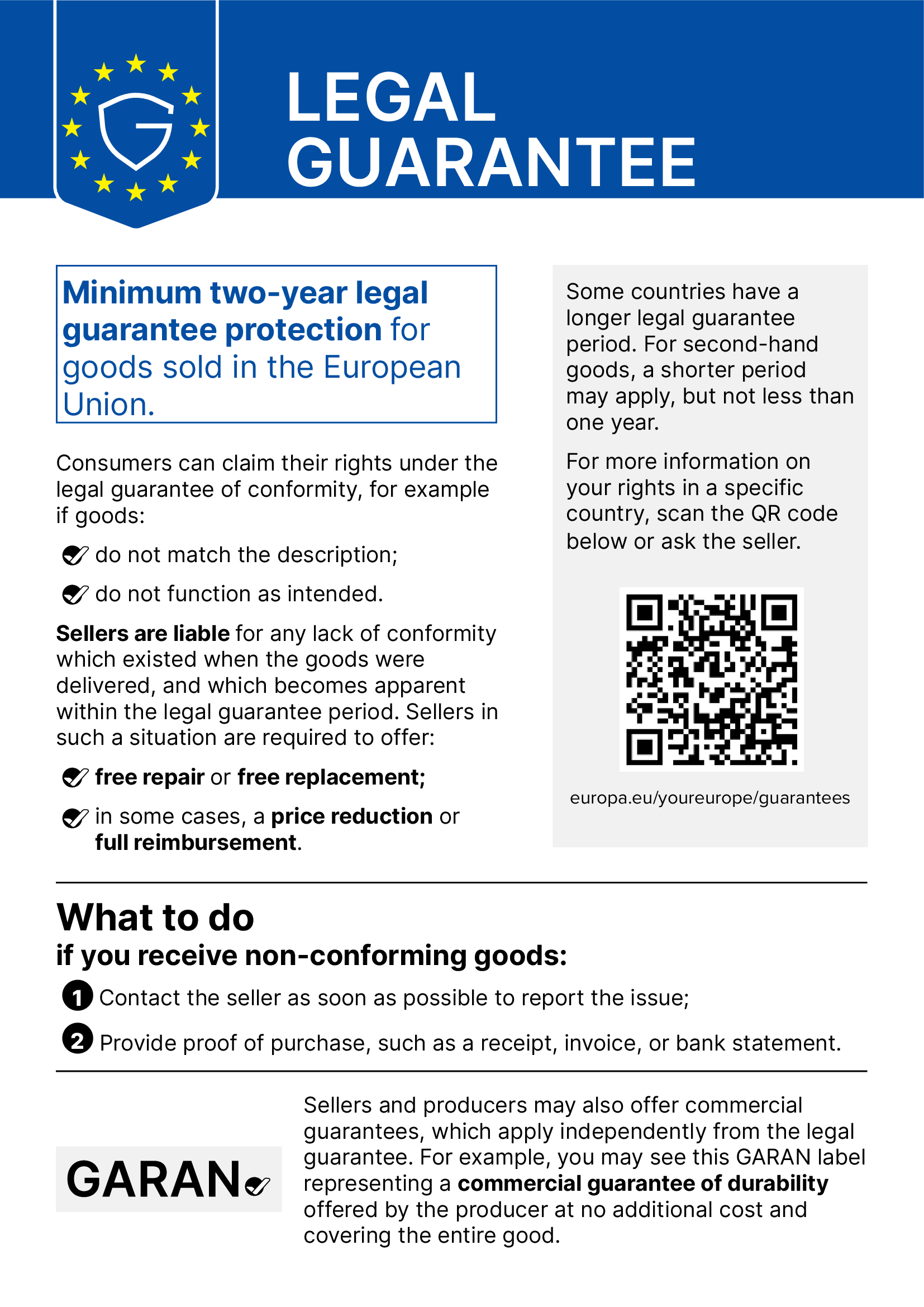 EU notice on the legal guarantee of conformity: consumers in the EU have a legal guarantee of at least 2 years when buying goods